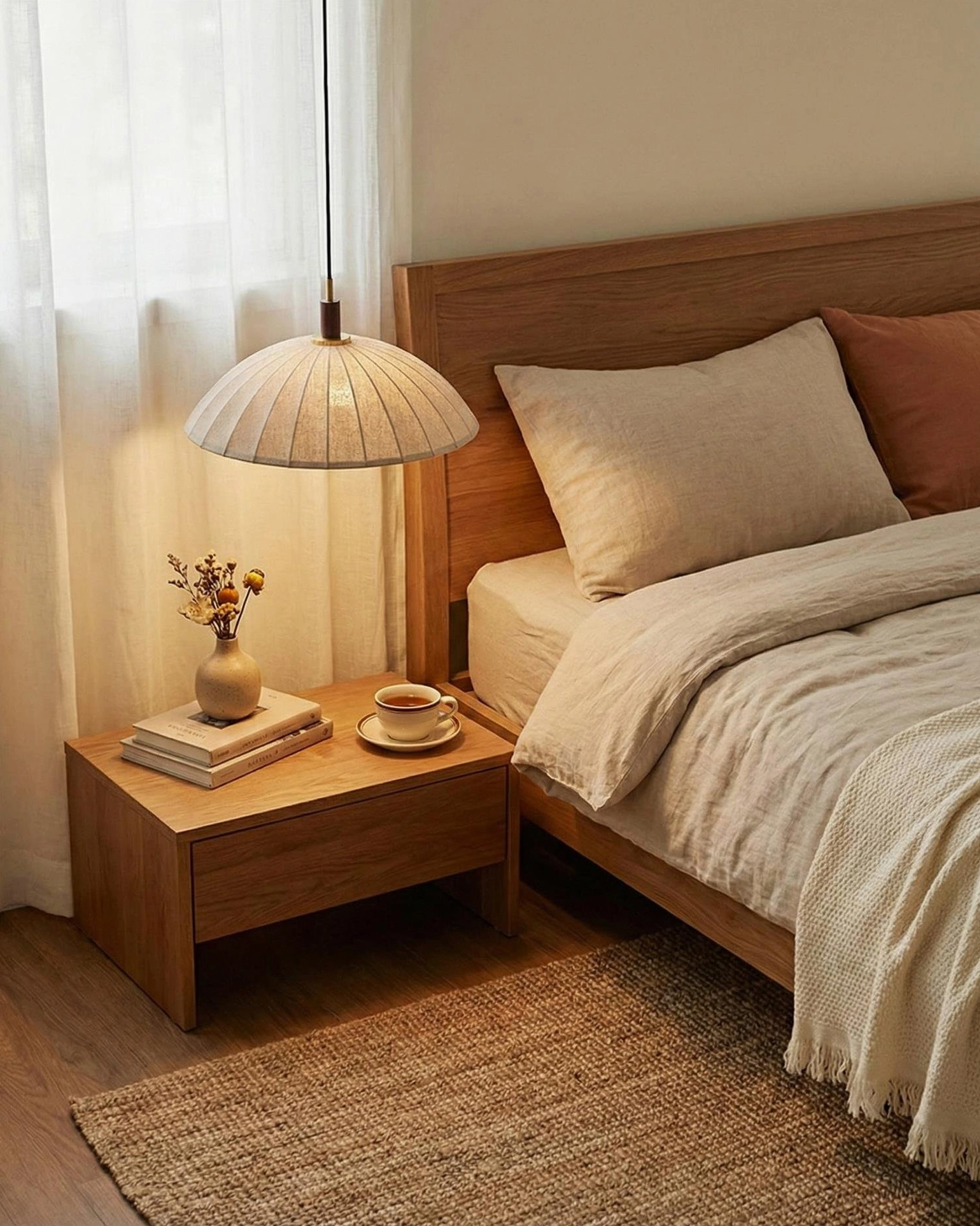 Lunaro pendant light walnut color variant showing warm neutral tone and contemporary minimalist aesthetic
