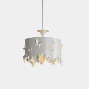 Lunefly butterfly pendant lamp front view with sculptural off-white shade and 3D butterfly motifs on plain studio background