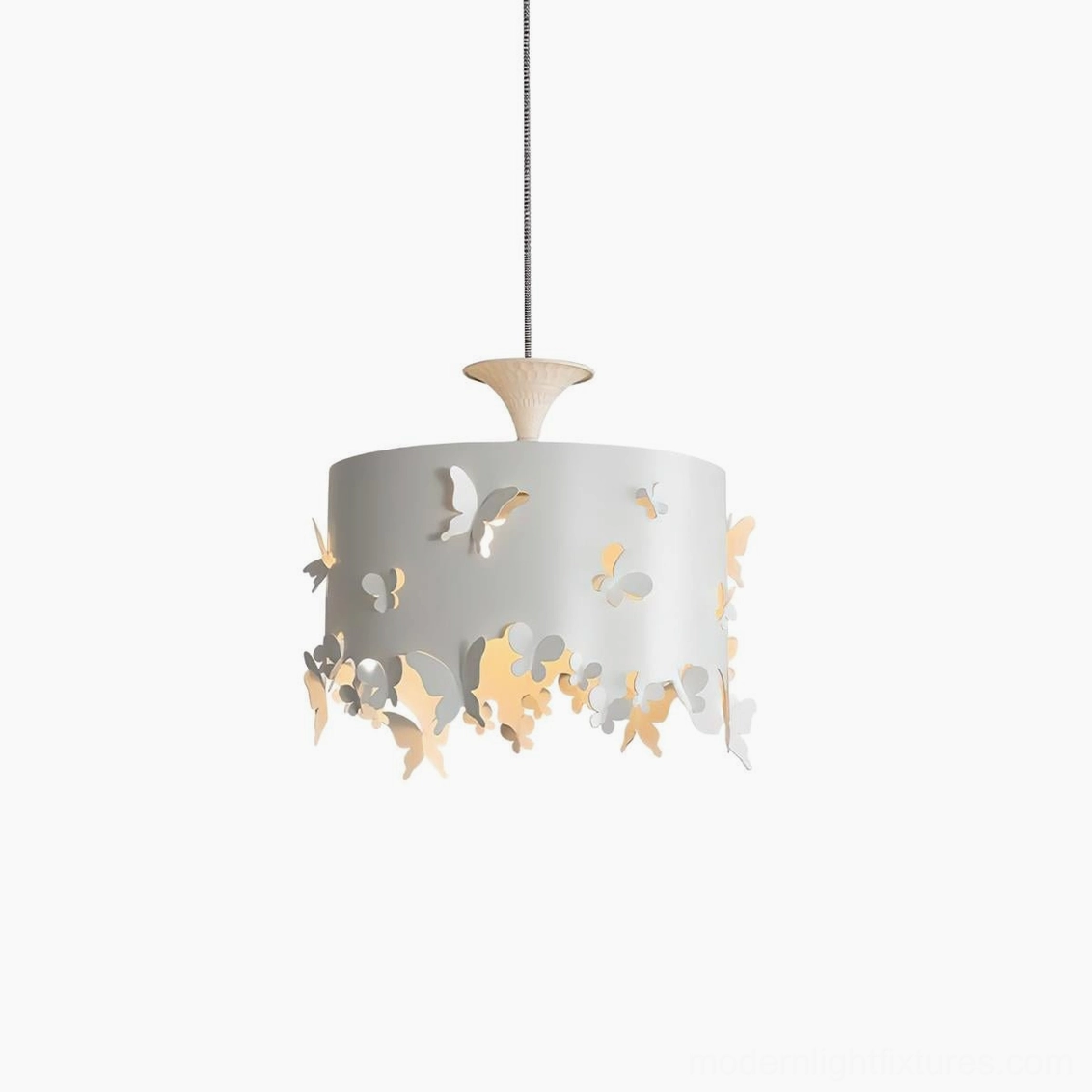 Lunefly sculptural butterfly pendant lamp front-facing studio shot showing detailed matte white finish and delicate butterfly silhouettes