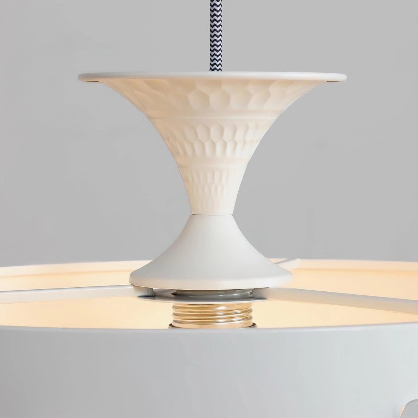 Ceiling mounting hardware and twisted black-white power cord of Lunefly butterfly pendant lamp installation detail