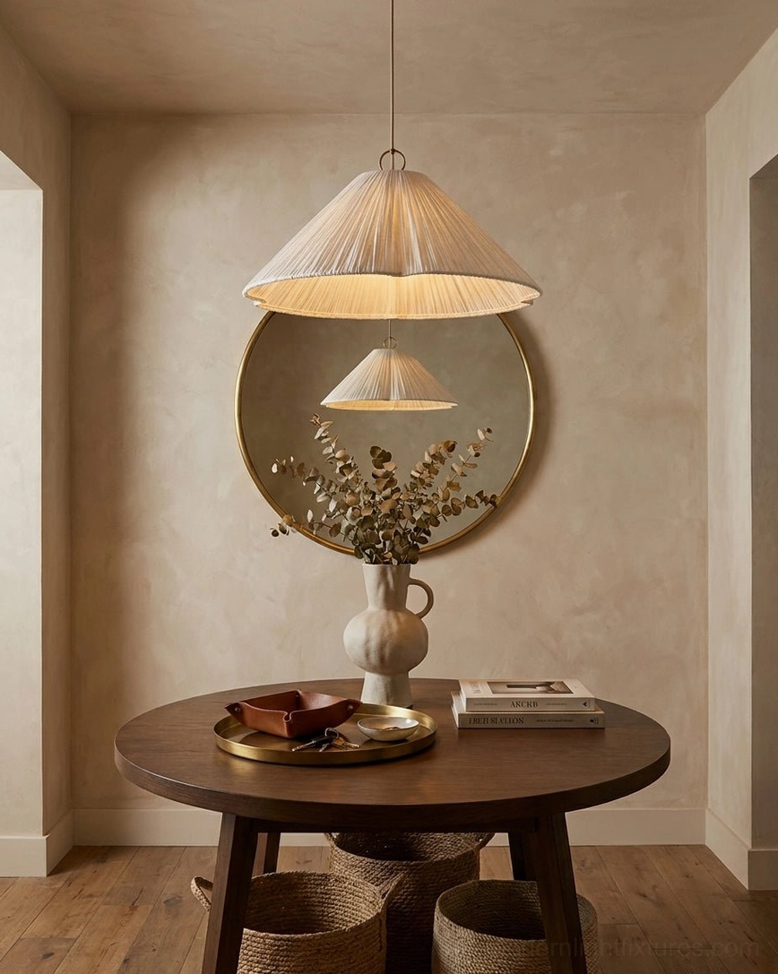 Two Luneria pleated pendant lights hanging above small round dining table with mirror accent