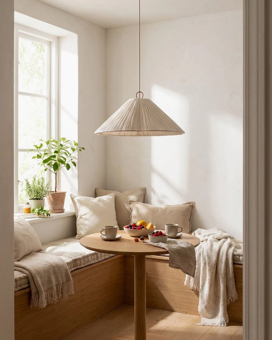 Luneria pendant light hanging in bay window living nook with wabi-sabi neutral home decor