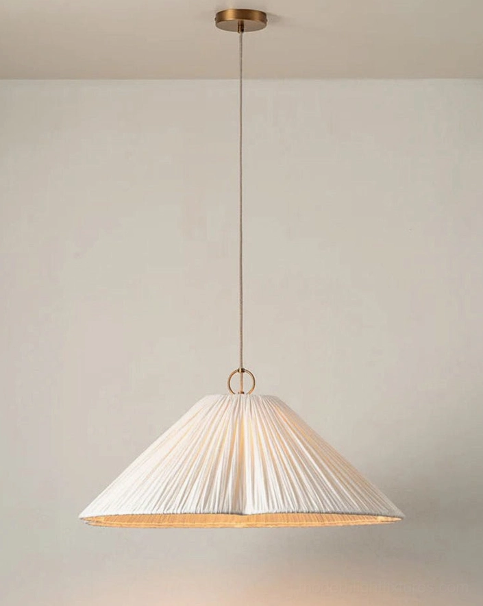 Luneria pleated fabric pendant light bottom-up view showing cream fabric cone and brass ring detail