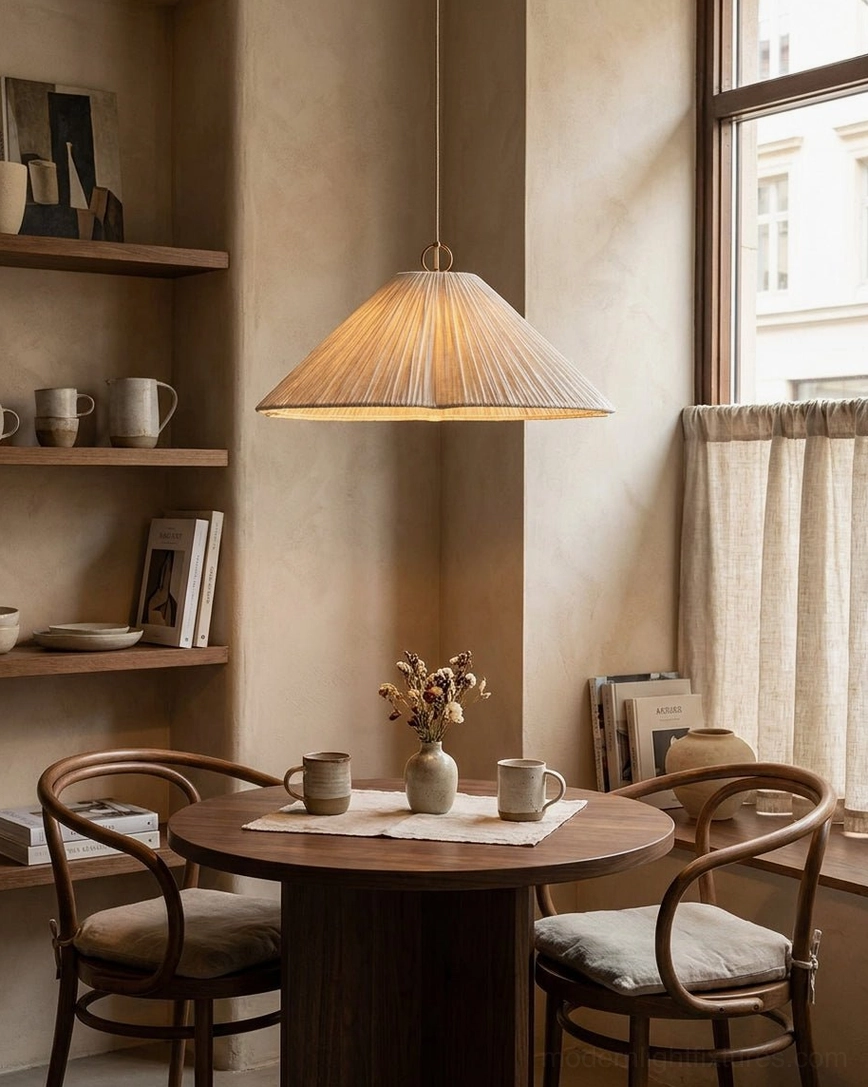 Luneria pendant light in compact apartment dining area with warm neutral rustic home decor