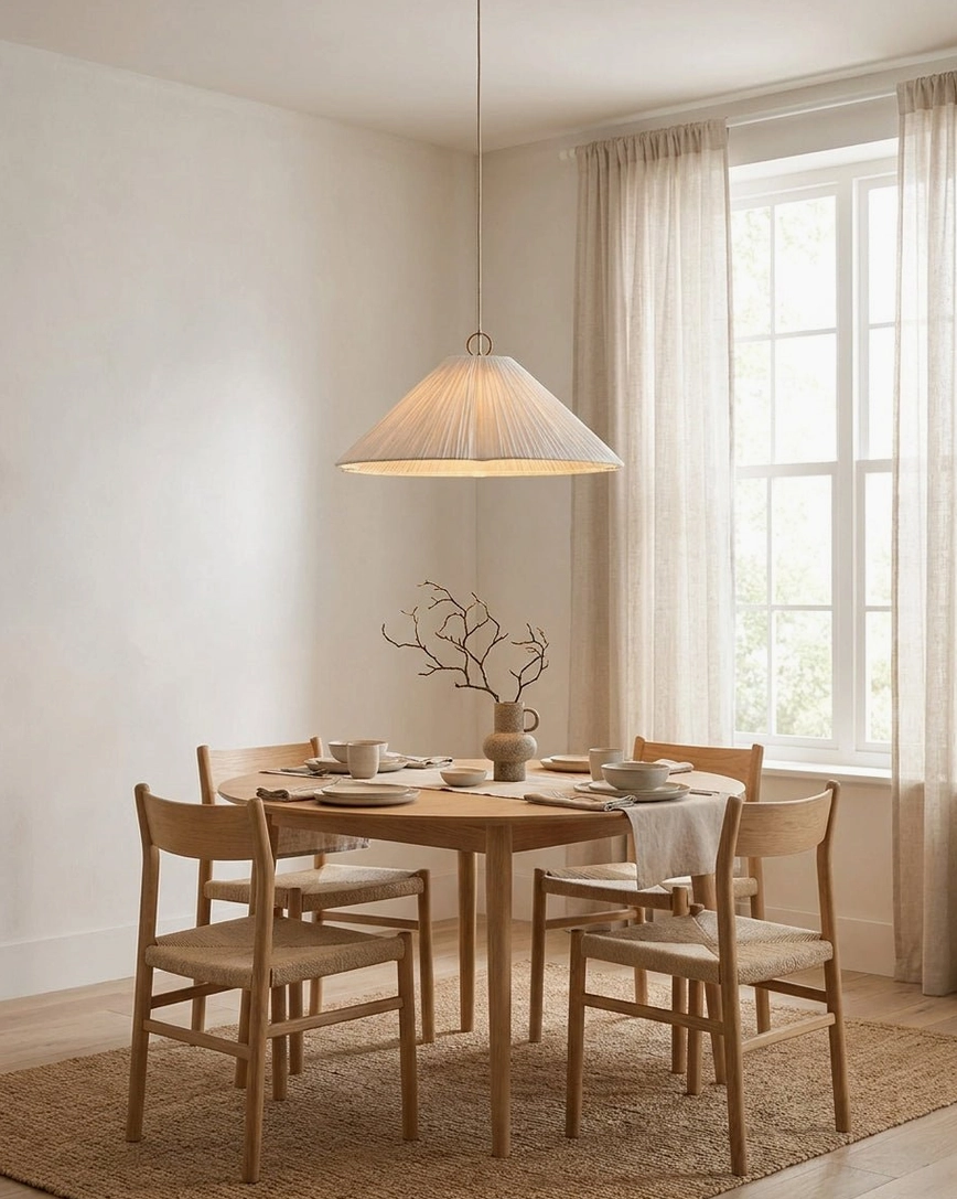 Luneria pleated pendant light above formal dining table with wood-toned minimalist furniture setup