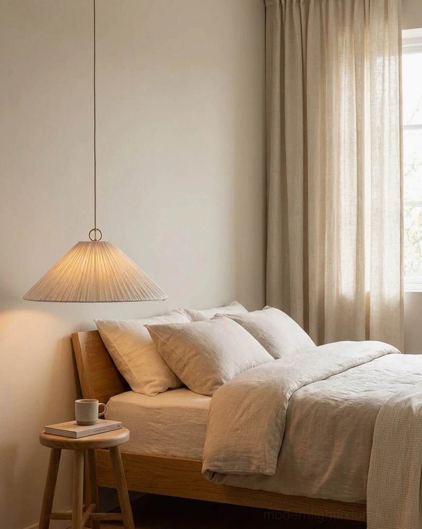 Luneria pendant light in cozy neutral nordic bedroom interior design space
