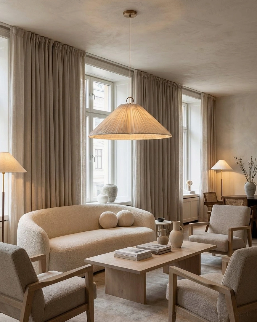 Luneria pleated pendant light in spacious nordic living lounge minimalist warm neutral family space