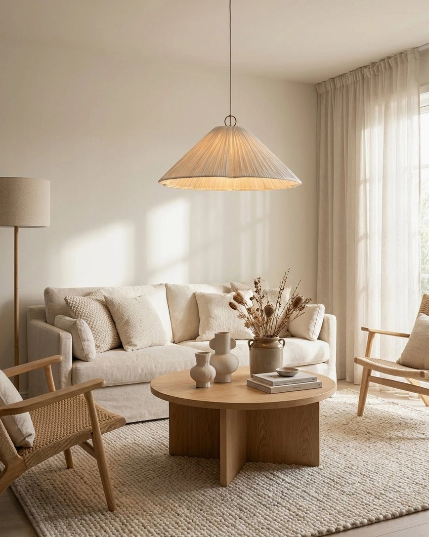 Luneria pleated fabric pendant light illuminating open-plan living room with warm wabi-sabi decor