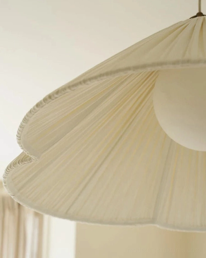 Luneria pleated pendant light fabric cone shade construction detail in cream with metal frame