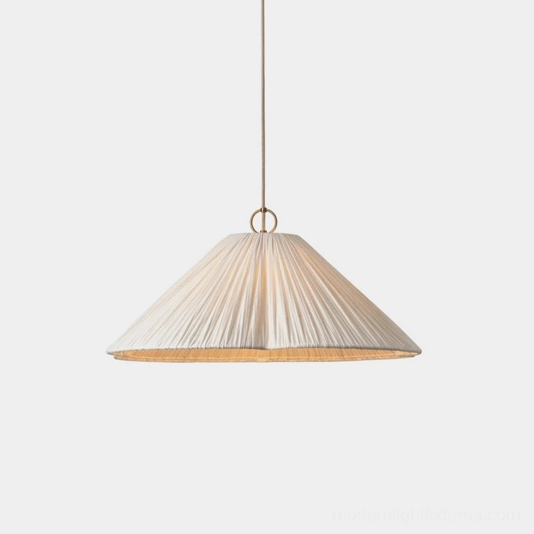 Luneria pleated fabric pendant light in cream with brass-tone ring, front product view isolated