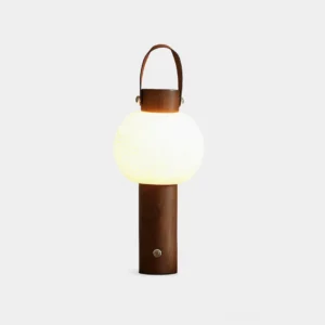 Lunero wooden portable table lamp with leather handle and acrylic sphere shade, natural wood color on white background
