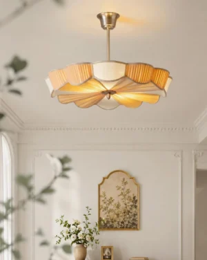 Lunessa semi-flush ceiling light fixture installed in classic French living room with warm brass finish and soft ambient light through pleated shade