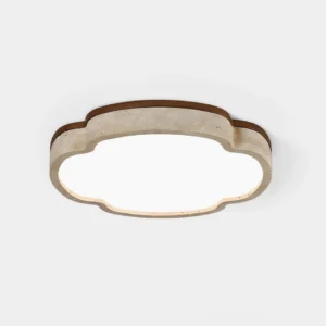 Lunet modern travertine ceiling light fixture overhead front view showing quatrefoil design with frosted acrylic diffuser