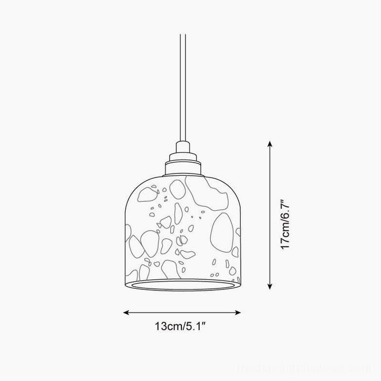 Model A terrazzo pendant lamp technical drawing - dome shaped shade specifications