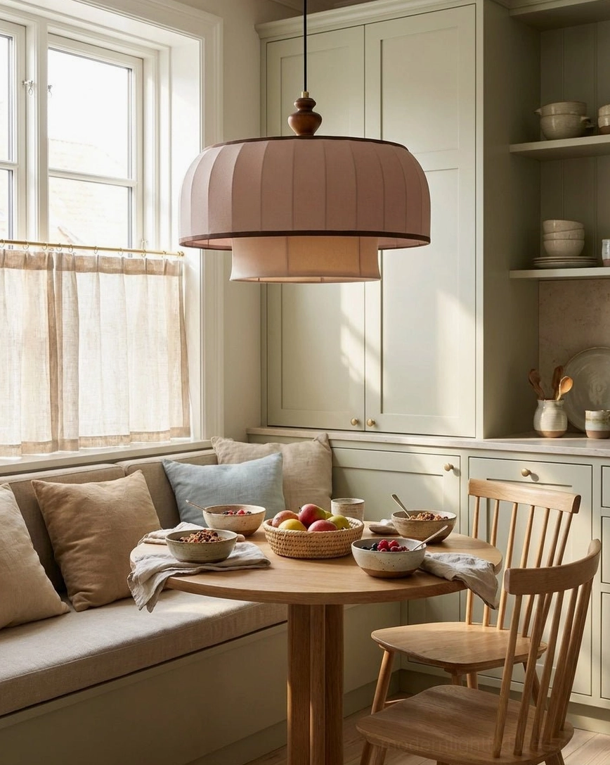 Lunette two-tier pendant lamp in kitchen breakfast banquette area, warm cottage kitchen style with soft interior glow