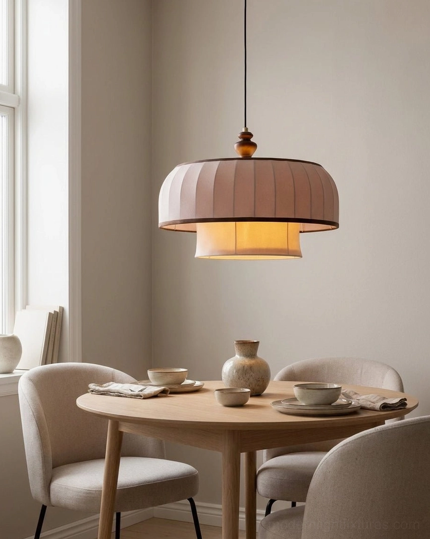 Lunette pendant light installed in residential dining room, two-tier shade glowing warm above farmhouse dining table with neutral decor and warm wood accents