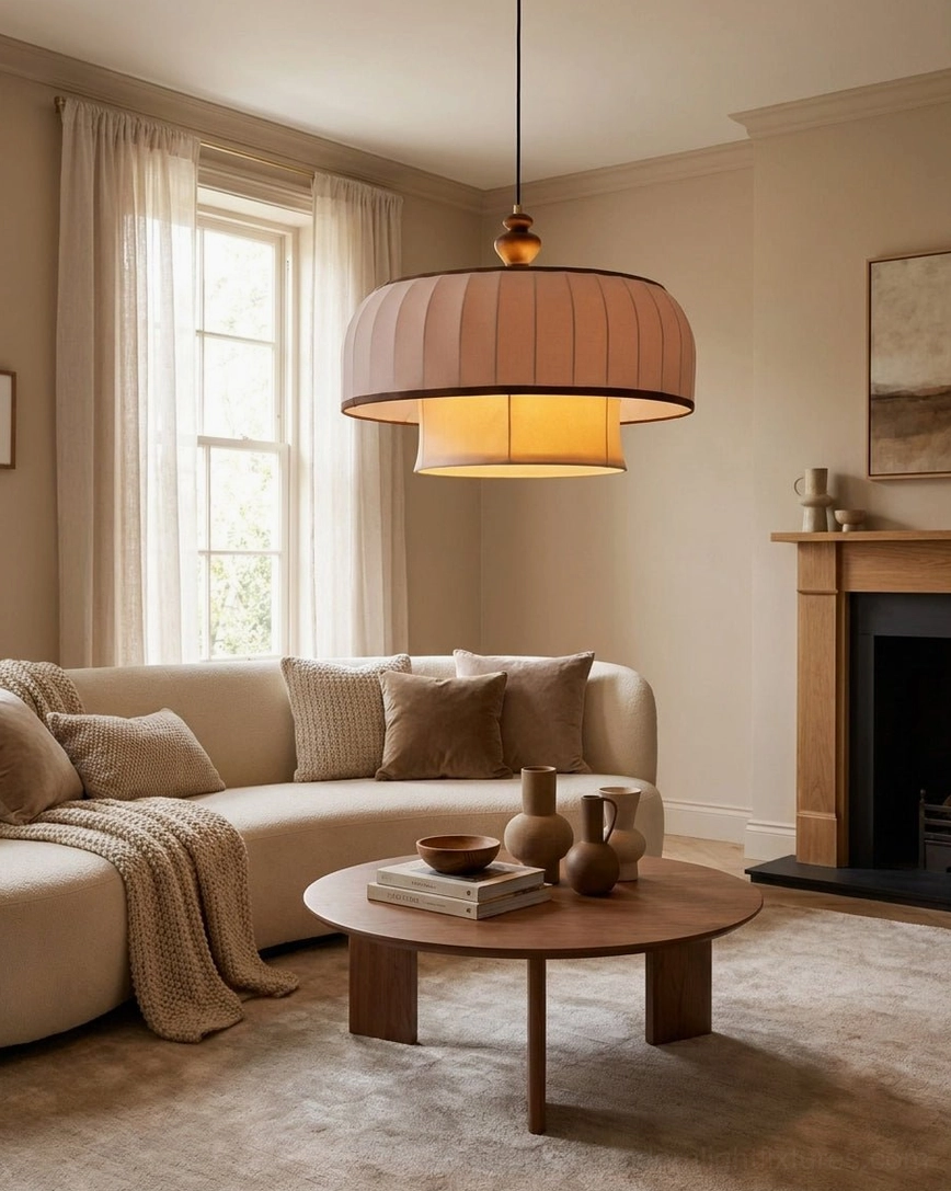 Lunette two-tier pendant lamp in cozy living room with fireplace, boho minimalist decor, warm ambient lighting from pleated fabric shade