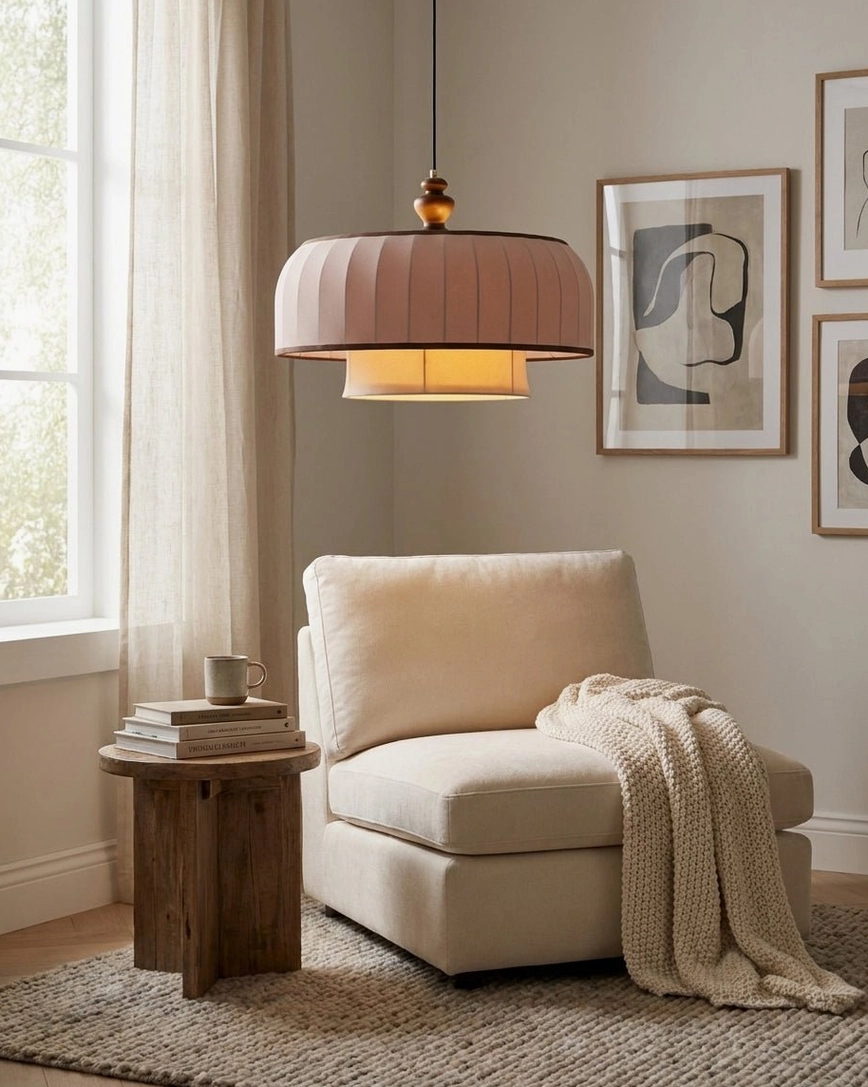 Lunette pendant light above reading nook with beige armchair and framed wall art, cozy ambient lighting from pleated shade