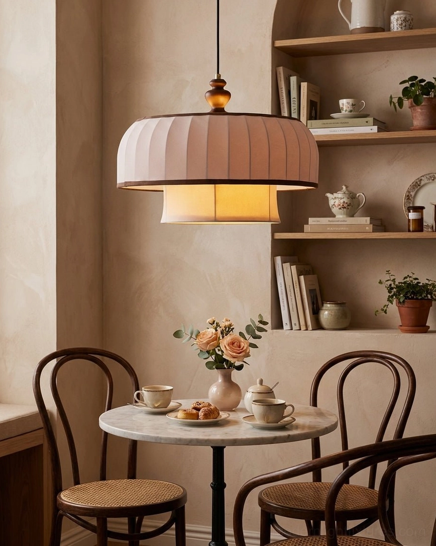 Lunette pendant light suspended in small vintage dining nook with round table, built-in shelves, warm cottage kitchen aesthetic