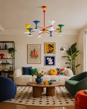 Lunetti colorful sputnik chandelier illuminated in modern cozy living room with neutral retro home decor