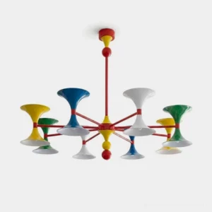 Lunetti multicolor sputnik chandelier front view studio shot with red yellow blue green white trumpet shades on white backdrop