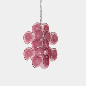 Luniva retro glass disc pendant light with translucent pink discs, front studio view