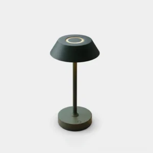 Luno modern cordless table lamp in deep matte green, minimalist mushroom design, front perspective studio view