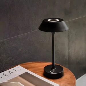 Matte black cordless table lamp with slim metal stem, contemporary eye-level view on side table, modern minimalist lighting