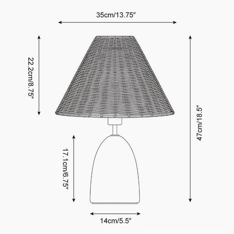 Lunora rattan table lamp technical diagram with dimension markings for shade and base specifications