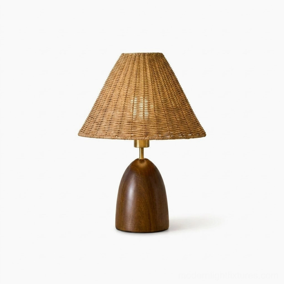 Lunora rattan table lamp frontal view with natural rattan shade and walnut pine base