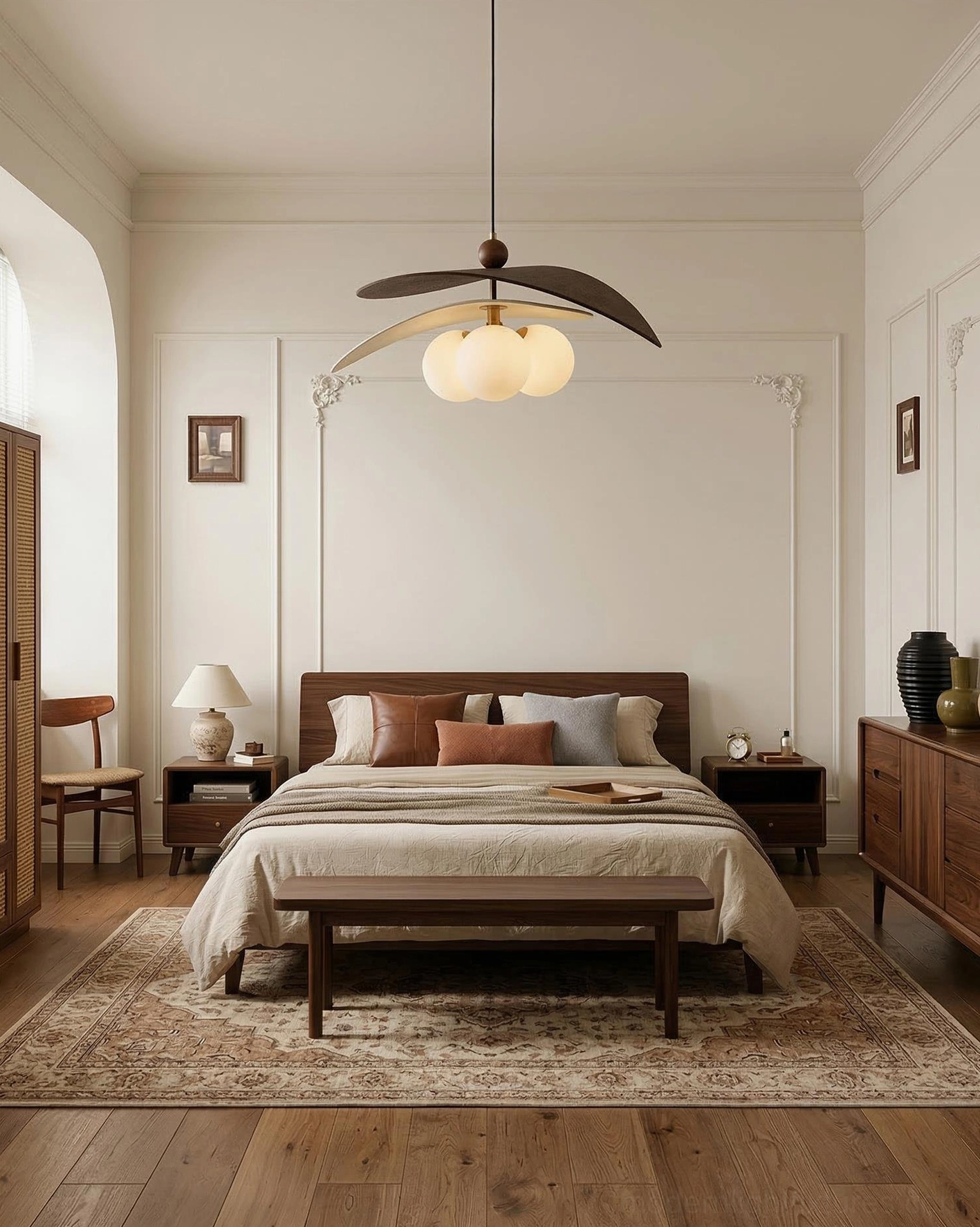 Lunova pendant lamp mounted above king-size bed in minimalist vintage bedroom, eye-level view of layered frosted glass shades