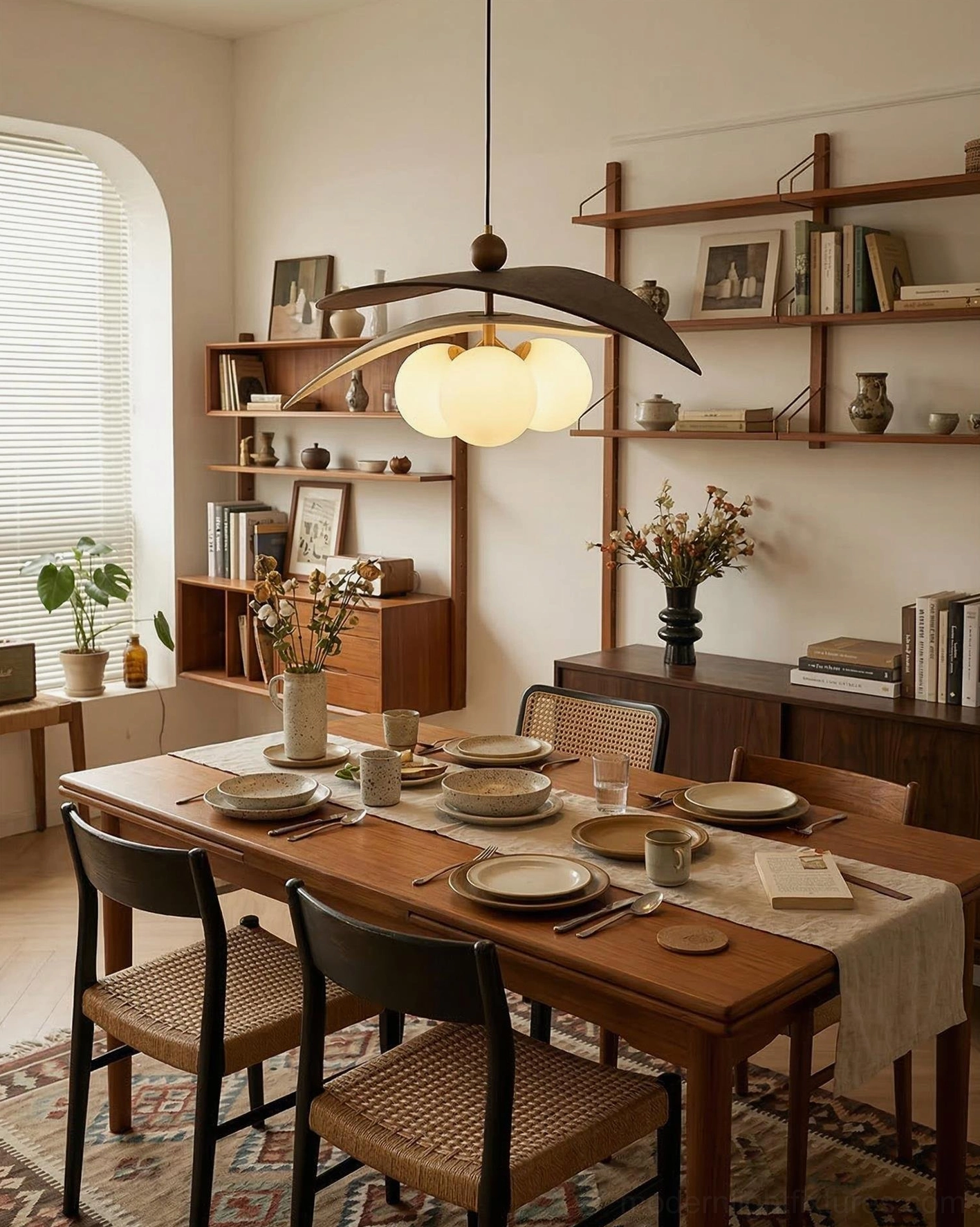 Layered disc pendant lamp suspended in warm residential bohemian dining area, low-angle view showing sculptural wood and raffia design