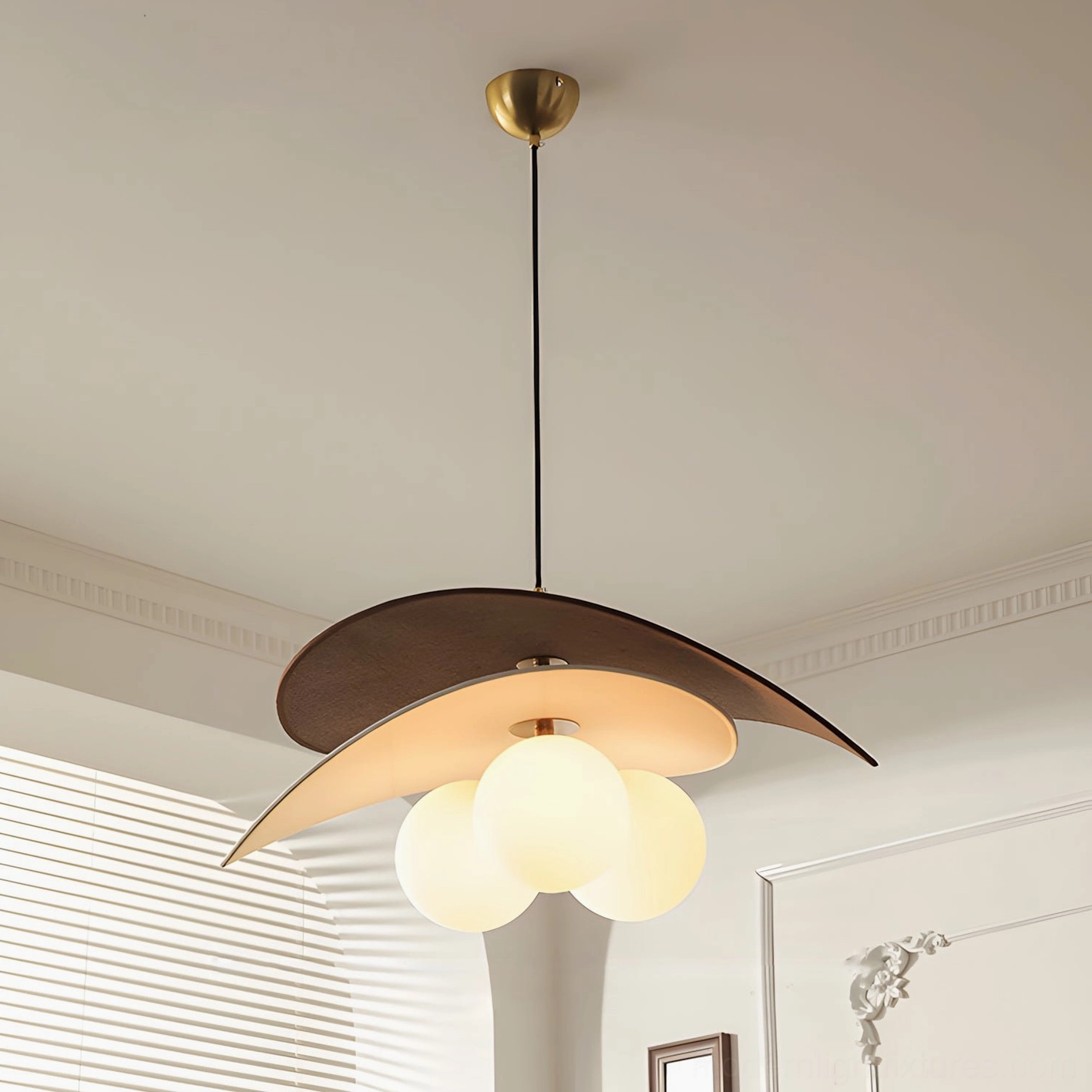 Lunova pendant lamp in Brown and White color variant with frosted opal glass globes, mid-century modern style fixture