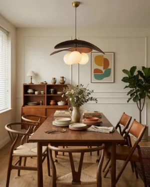 Lunova pendant lamp hung over vintage wooden dining table with three frosted milky glass globes emitting warm ambient light, dining room setting