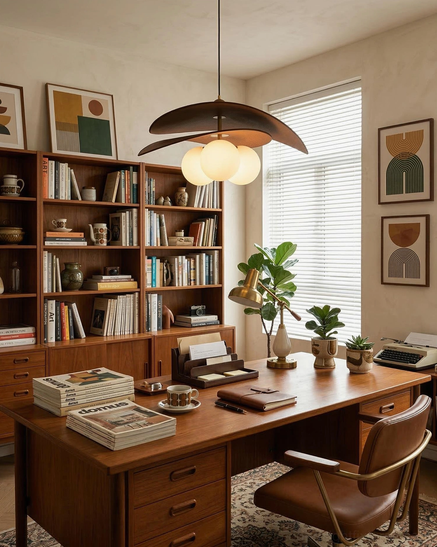 Sculptural pendant lamp hung beside large wooden bookshelf in home library, showing warm walnut wood and natural raffia details