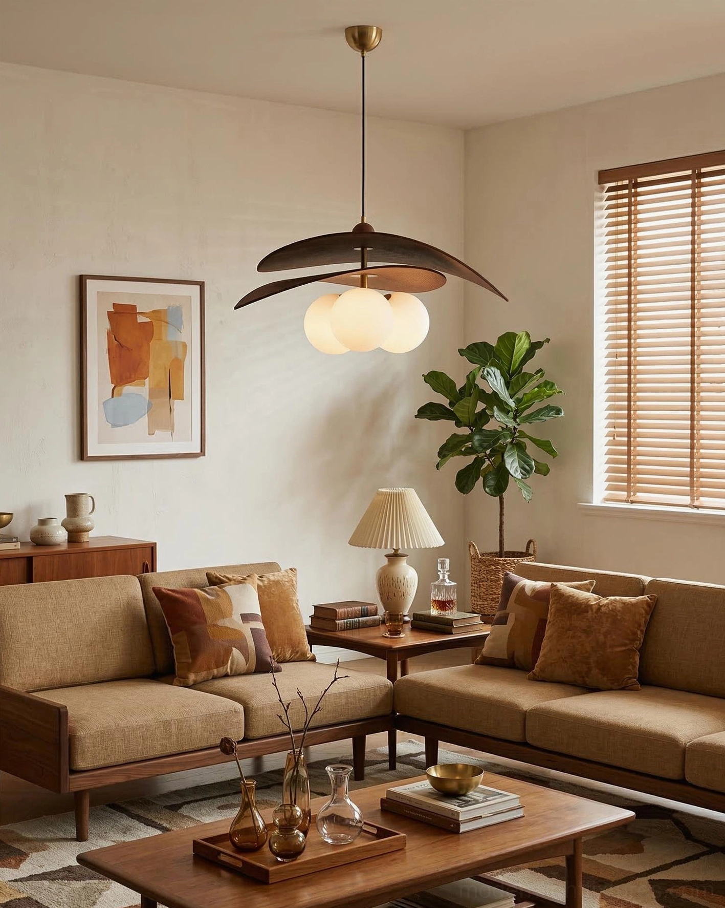 Lunova pendant lamp suspended above cozy mid-century living room fabric sofa, eye-level view of warm glowing glass shades