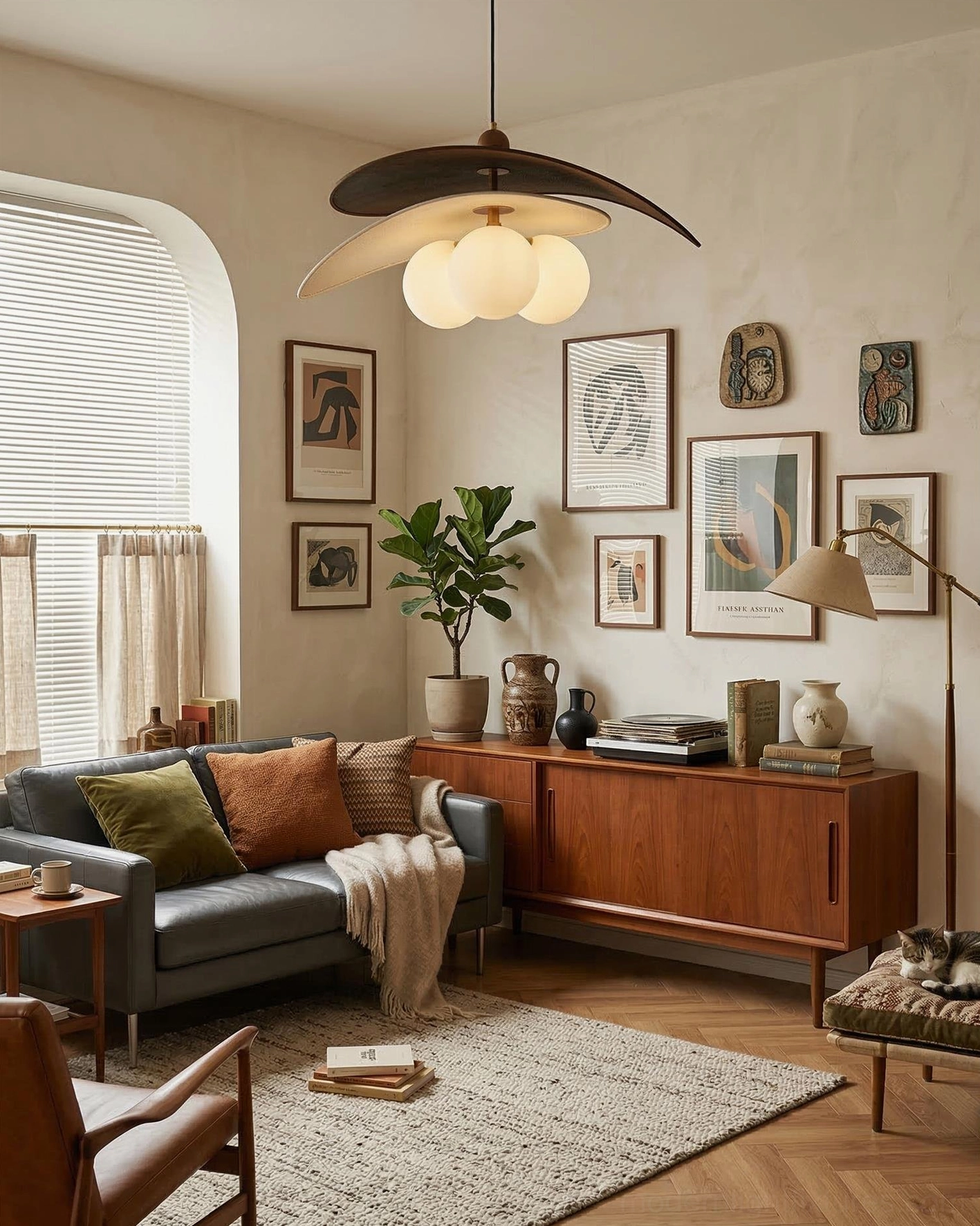 Modern disc pendant light above fabric seating in apartment living room with gallery wall art, low-angle sculptural view