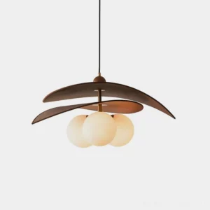 Lunova modern pendant light with layered crescent-like disc shade in walnut wood and frosted opal glass, front overhead view on white background