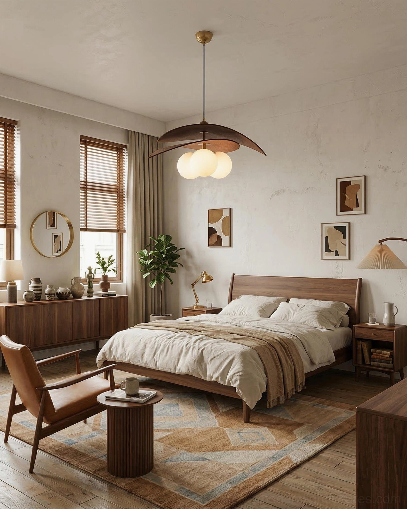 Layered disc pendant lamp in warm-toned residential bedroom, high-angle view showing sculptural form and cozy neutral decor