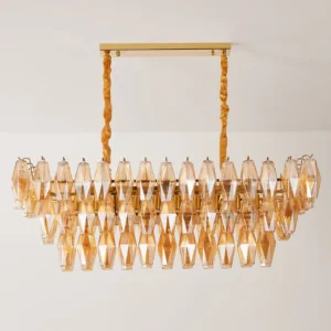 Direct front view of Lunvara modern crystal chandelier displaying tiered faceted glass trim and metal body construction