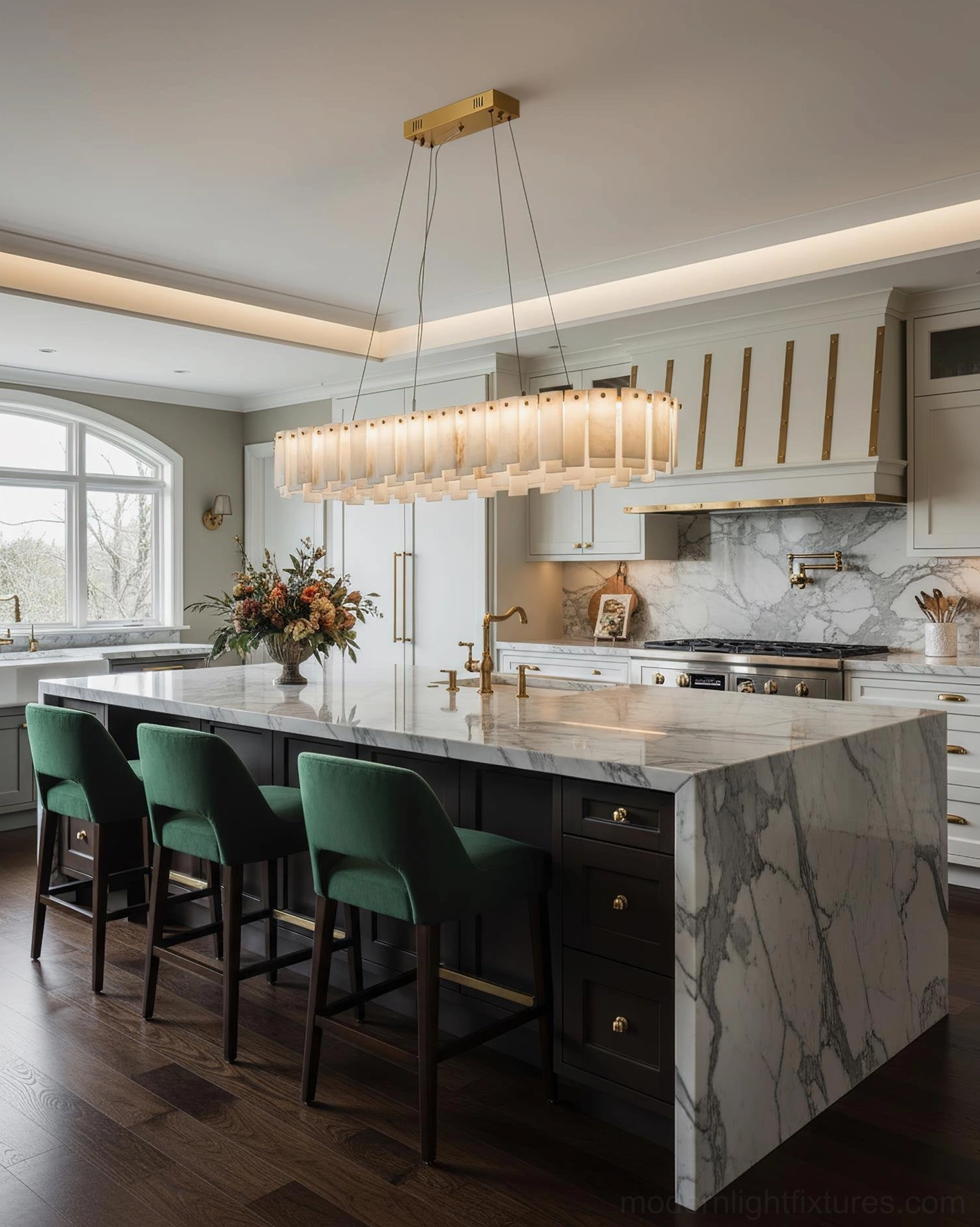 Luxury modern alabaster chandelier in high-end hospitality setting, architectural stone light fixture creating ambient glow in elegant interior design space