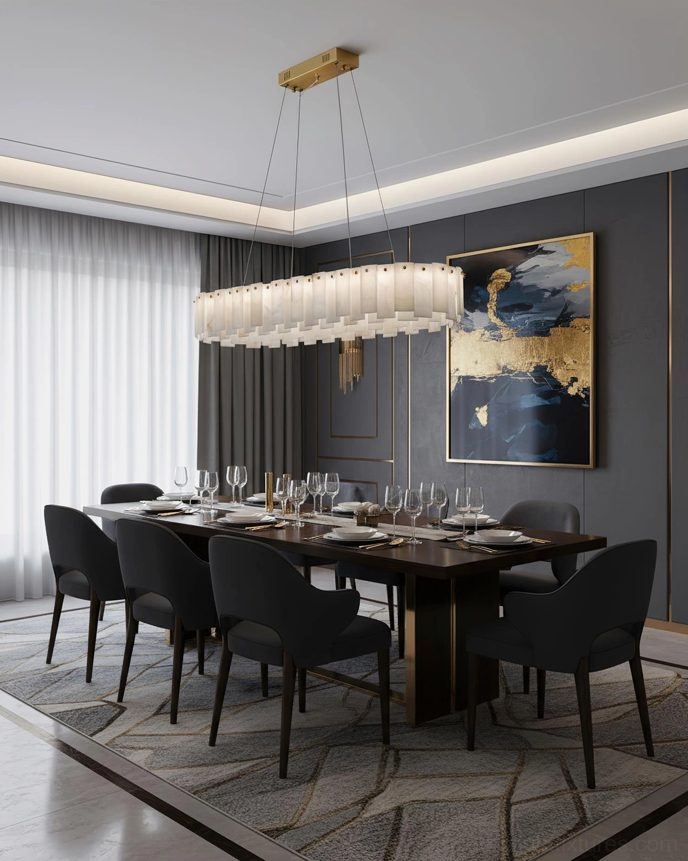 Luxury alabaster light fixture in upscale residential interior, suspended natural stone chandelier providing sophisticated accent lighting in modern bedroom
