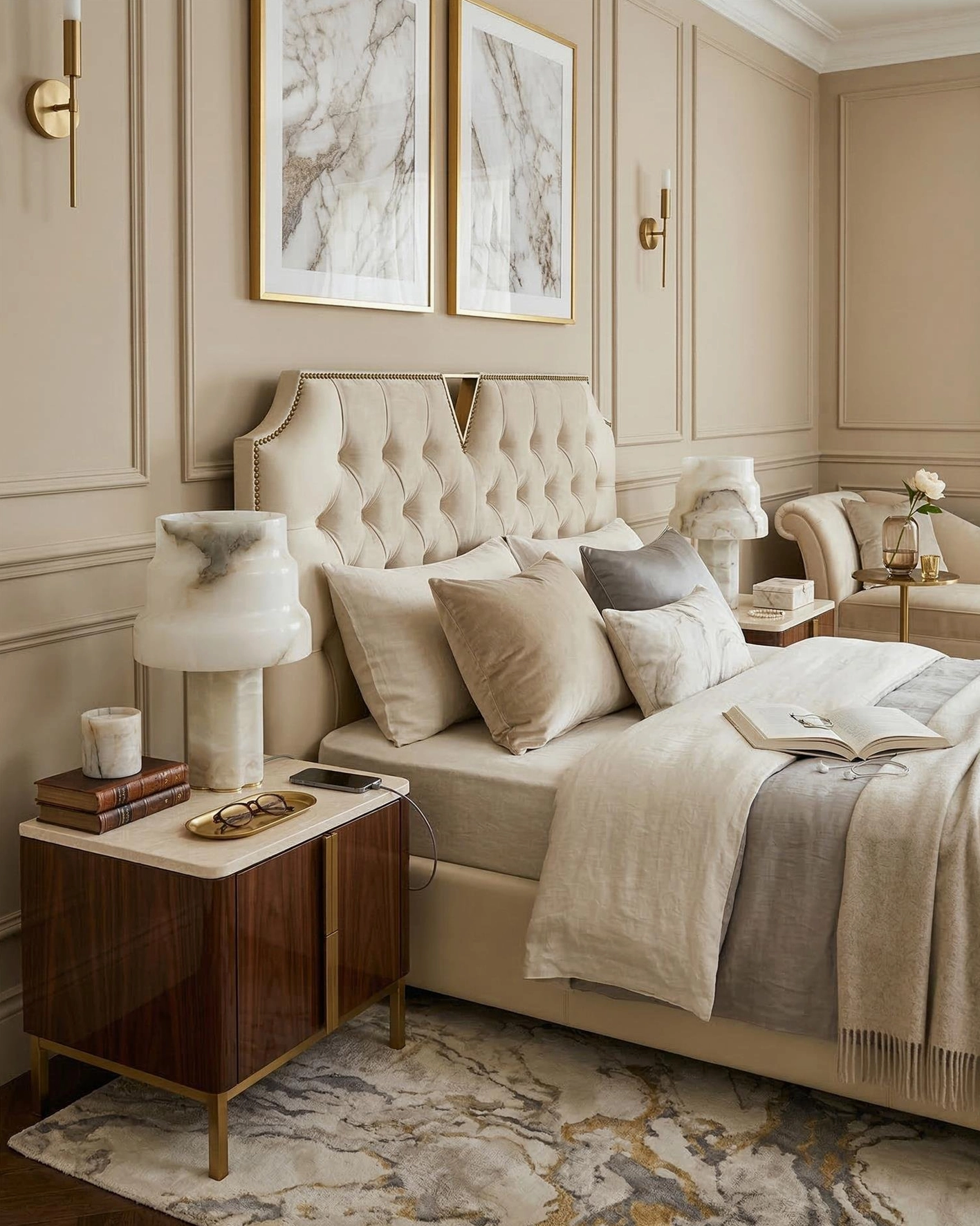 Luxury alabaster table lamp on elegant master bedroom nightstand with marble area rug and classic headboard