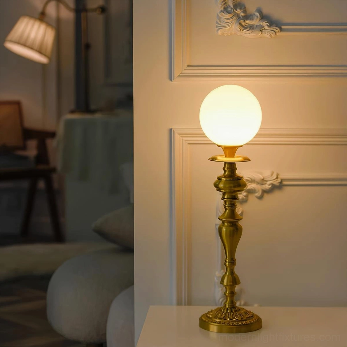 Luxury brass table lamp with 5 frosted glass heads creating layered ambient home lighting