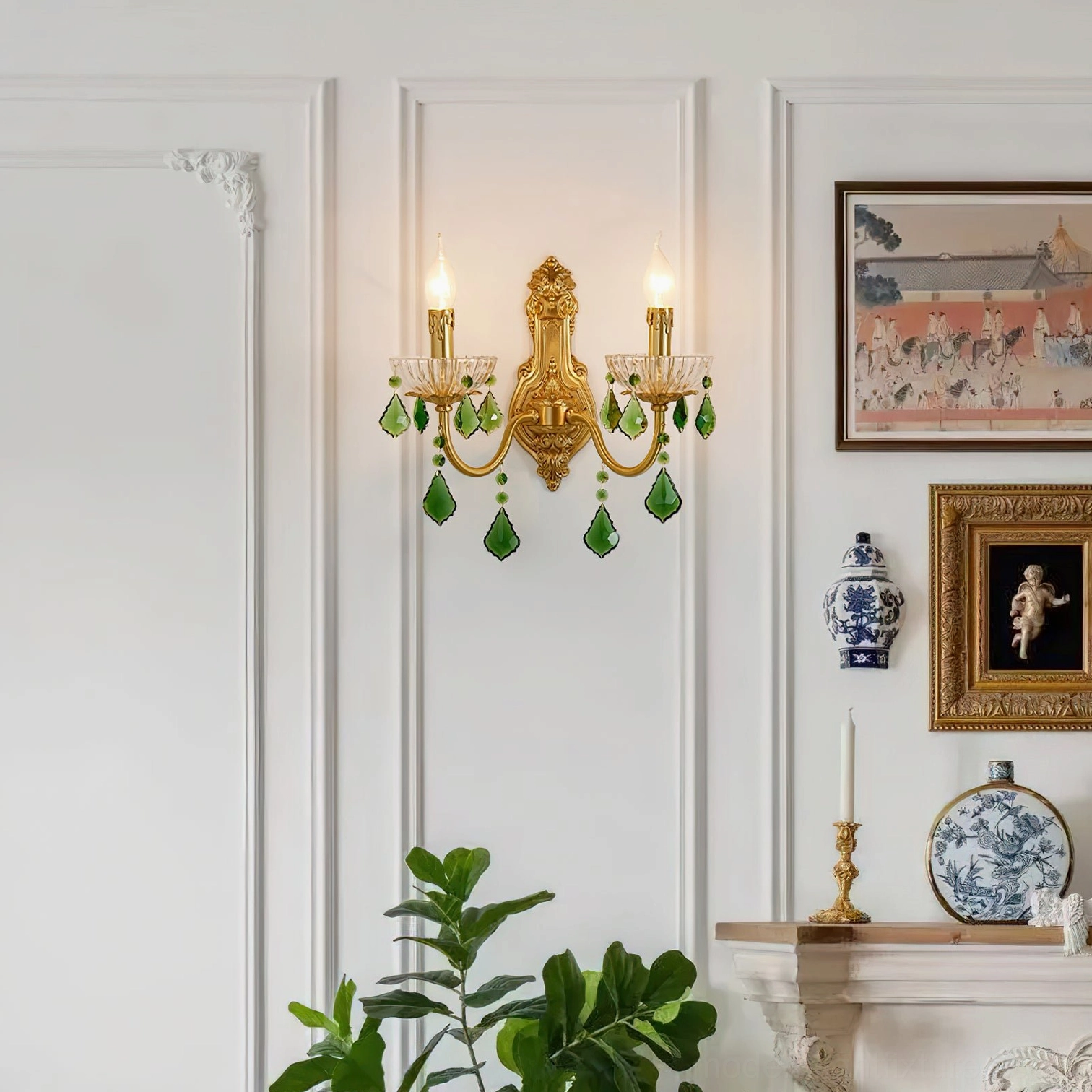 Luxury brass wall sconce with hanging green crystal accents and dual candle design
