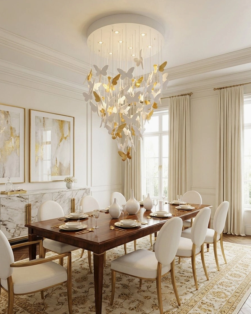 Ceramic butterfly chandelier in formal dining room with marble fireplace and dark wood dining table