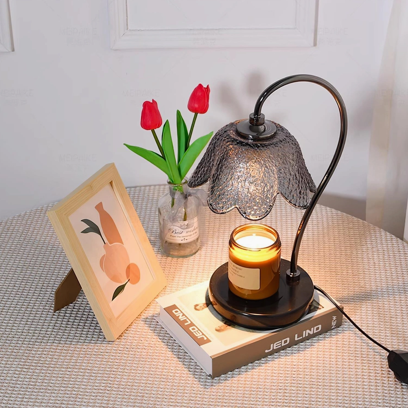 Black marble textured glass candle warmer lamp contemporary glam luxury home accent