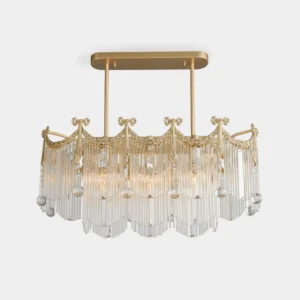 Crystal Cascade Chandelier - rectangular luxury linear pendant light with tiered clear crystal strands and brass hardware, front overhead view on white background