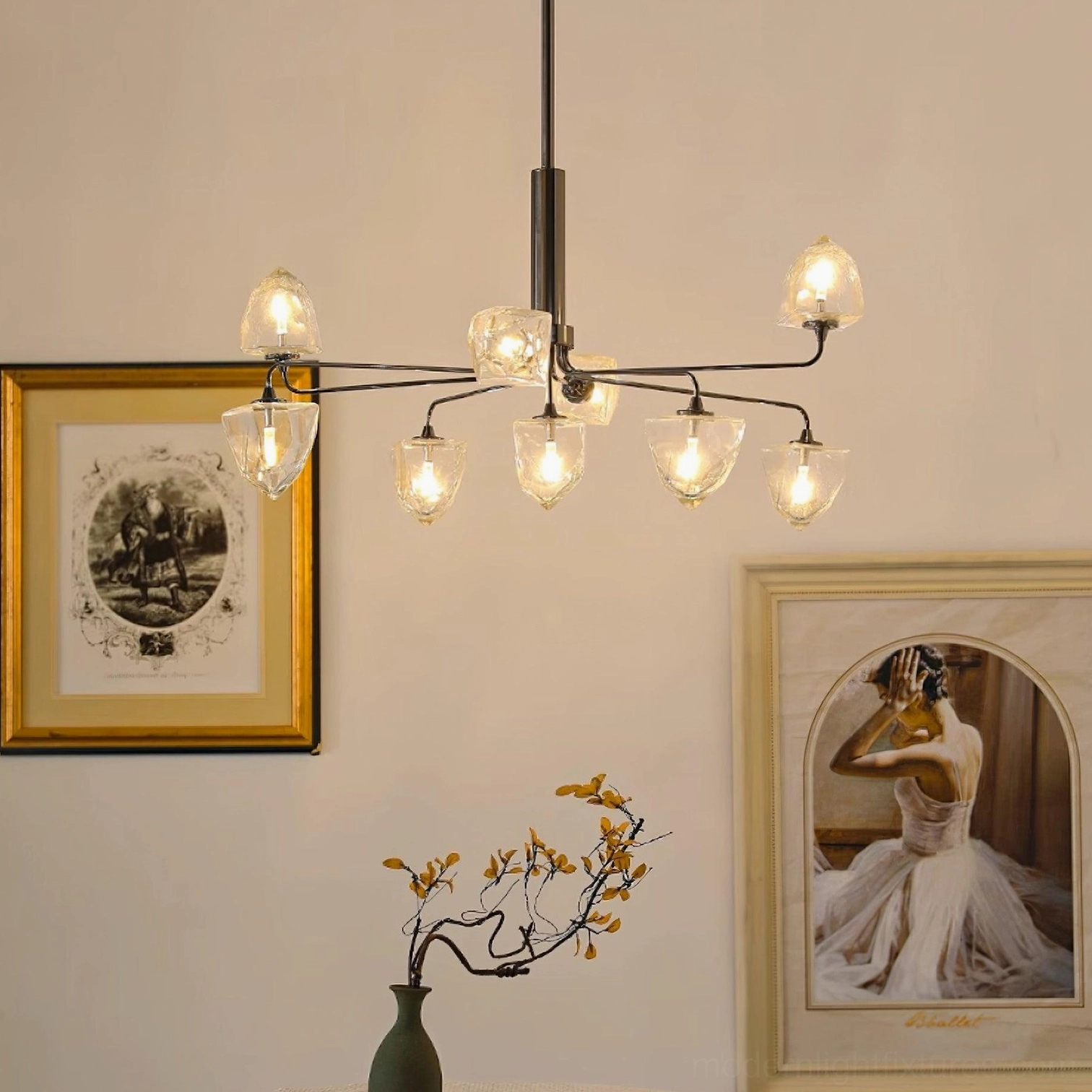 Luxury glass chandelier with brass gold frame and clear faceted shades architectural focal point
