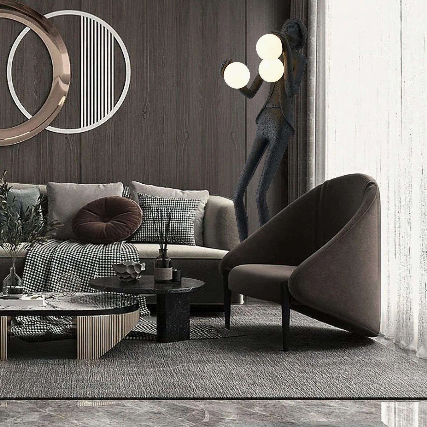 Black textured resin humanoid sculpture floor lamp with three frosted globe lights positioned in luxury modern living room corner